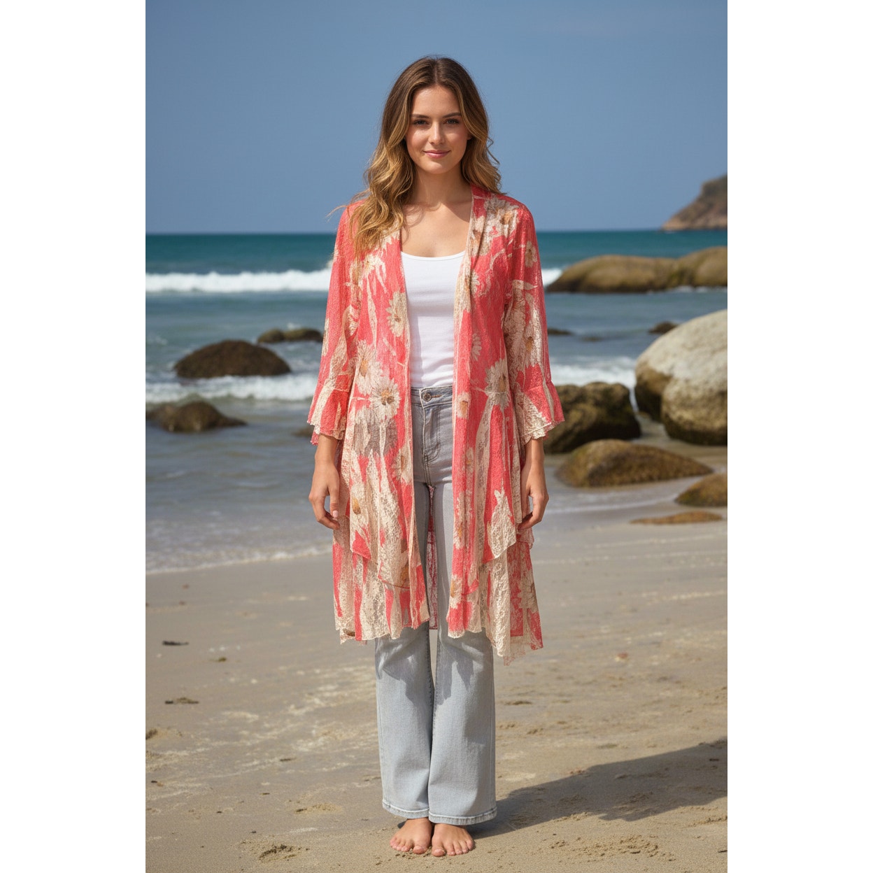 Origami Pink Sunflower Hi-Lo Cardigan S/M